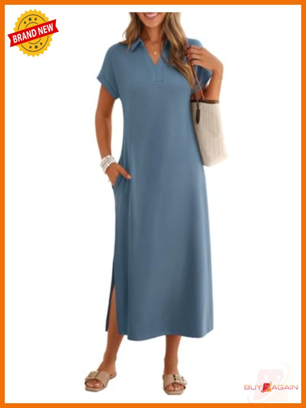 V Neck Collared Maxi Dress Short Sleeve Long Shirt Dress with Pockets